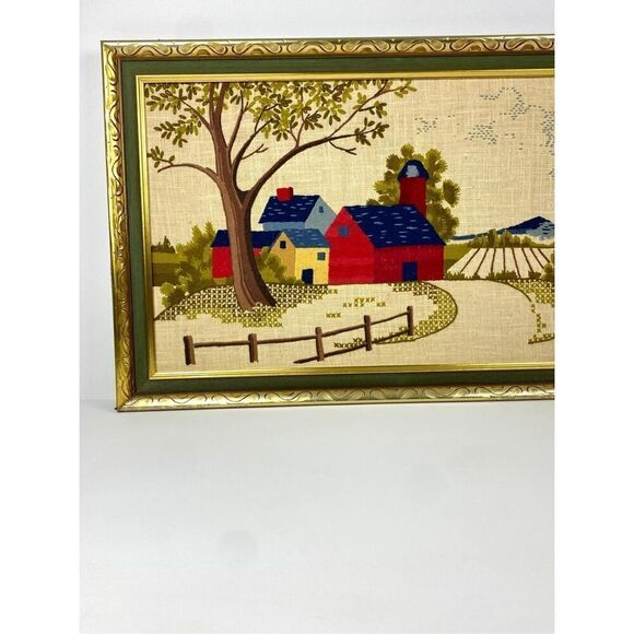 Vtg 1970 Needlepoint Cross Stitch Framed Country Farm Decor Cabin 23x33 in Large - Picture 3 of 10